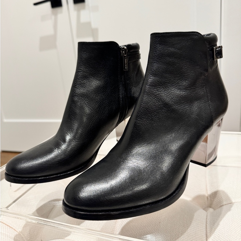 (SOLD) Jimmy Choo Black Leather Ankle Boots with Lucite Heel (Size 39)